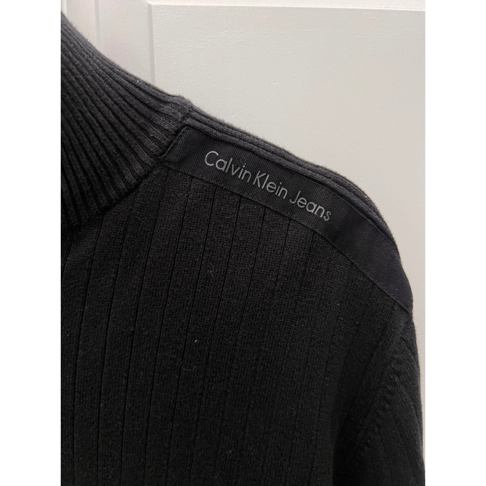 Calvin Klein Jeans Mens Black Ribbed Cotton Quarter Zip Sweater Large CKJ Logo - Picture 5 of 8